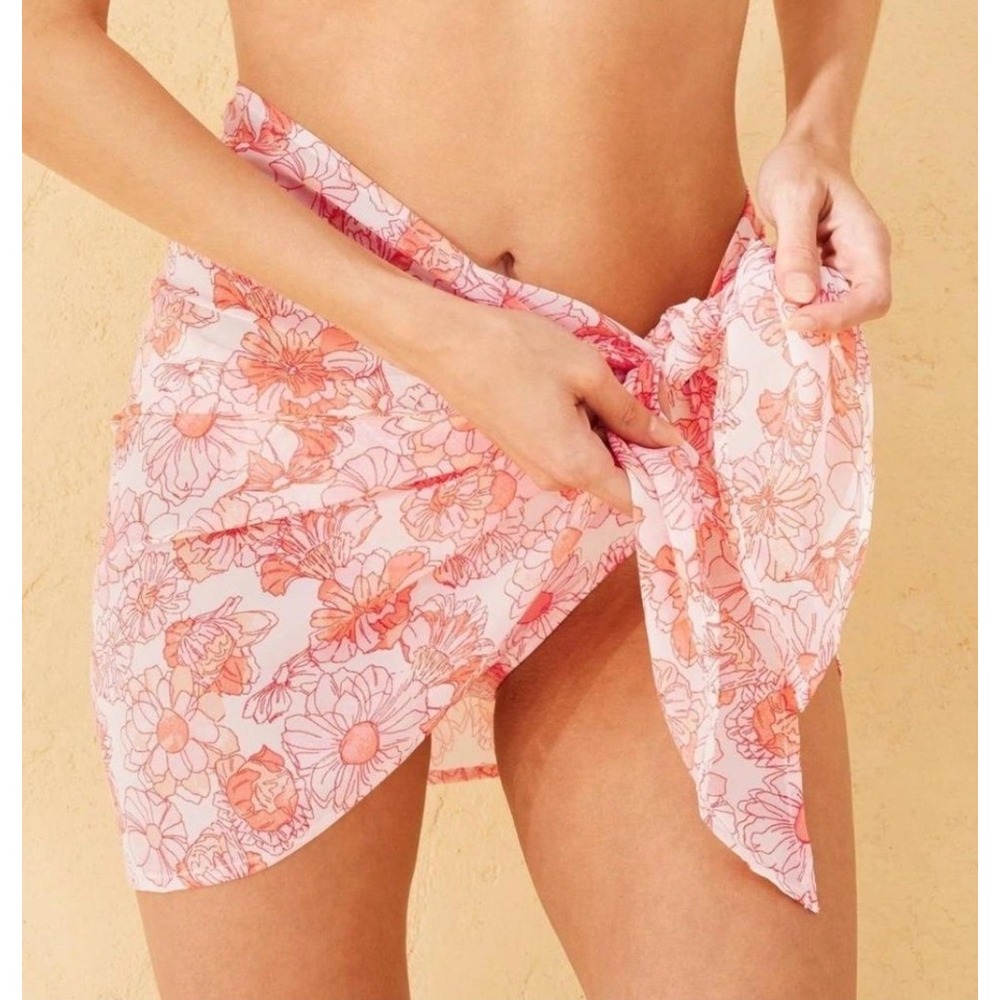 Shade & Shore Sarong Sz S Pink Floral Print Chiffon Swim Cover Up Resortwear NWT
